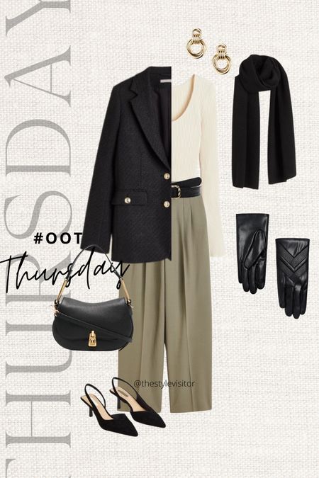 Thursday outfit could also go for a work outfit imo. You can exchange the sling backs for loafers. The jacket is such a classic piece it mixes so nicely with a belt with golden details, wearing xs so would size down if u’re petite. Read the size guide/size reviews to pick the right size.

Leave a 🖤 to favorite this post and come back later to shop

#full length pants #green #black blazer #boucle blazer #knit top #casual 

#LTKSeasonal #LTKeurope #LTKstyletip