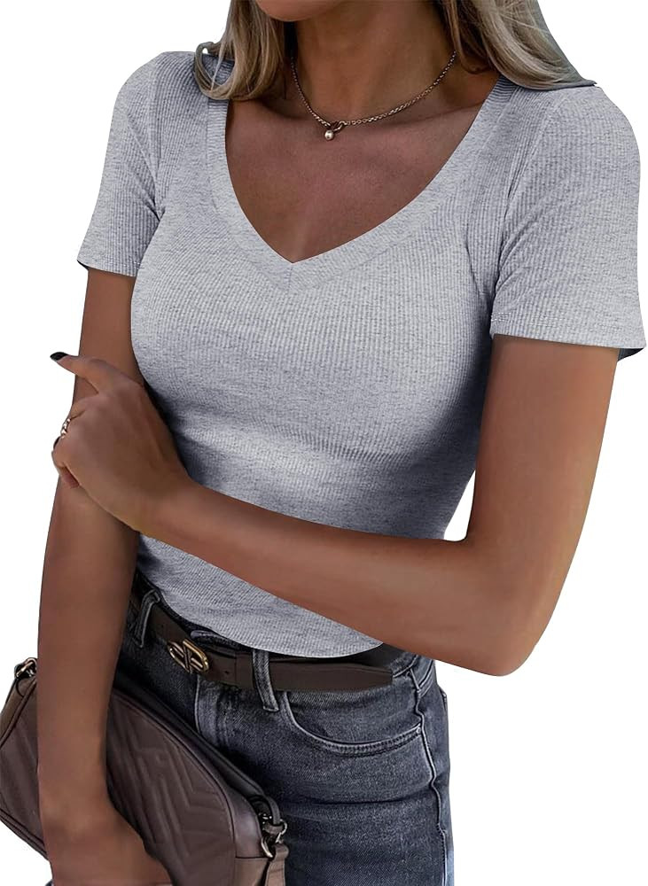 Roselux Women V Neck Ribbed Fitted Tight Tshirt Short Sleeve Shirt Basic Knit Top Cotton Tee Grey... | Amazon (US)