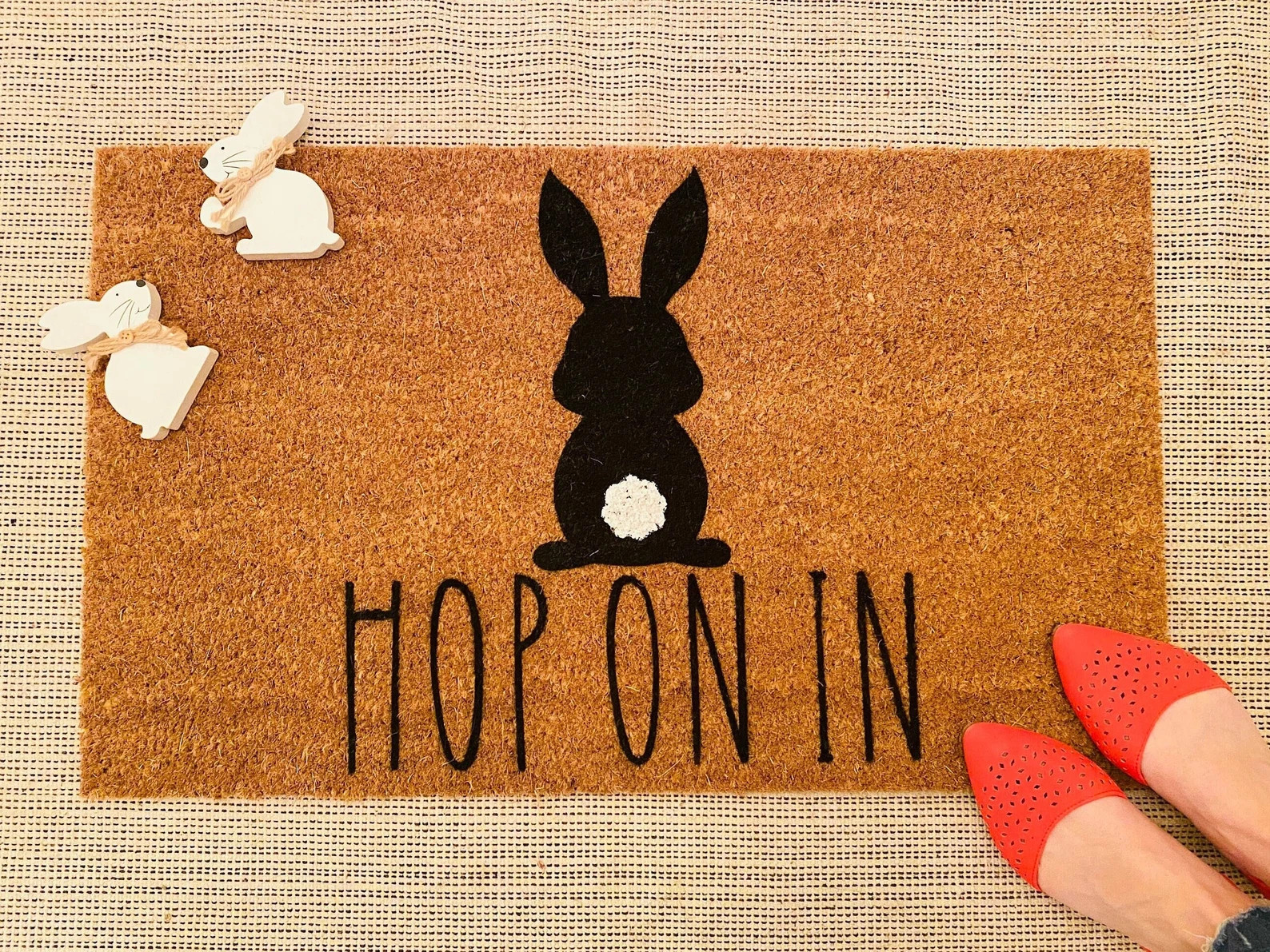 Bunny Doormat, Rabbit Decor, Holiday Decor, Spring Doormat, Hop On In, Outdoor Mat, Front Porch S... | Etsy (US)