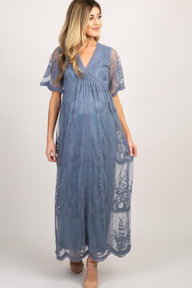 PinkBlush Blue Lace Mesh Overlay Maternity Maxi Dress | PinkBlush Maternity