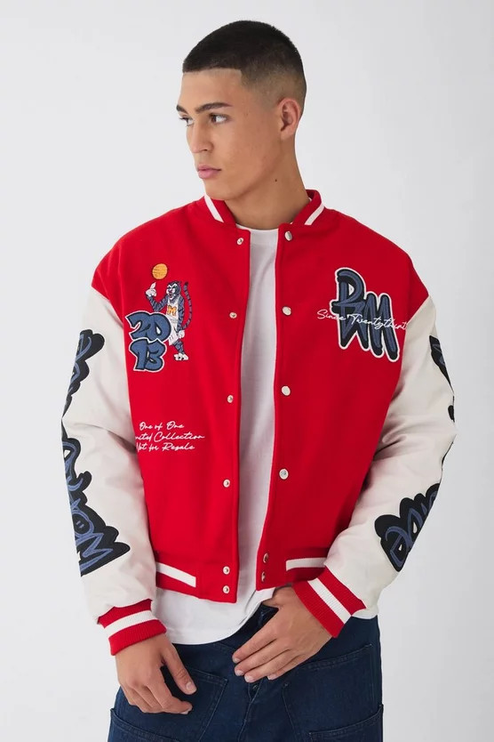 Boxy Worldwide Tiger Badge Varsity Jacket in Red | boohooMAN (US & Canada)