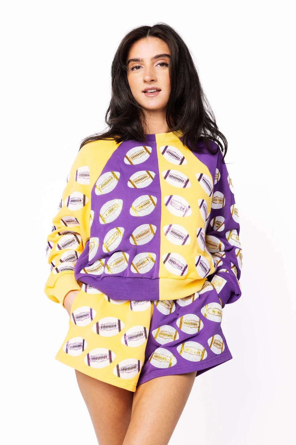 SAMPLE Purple & Yellow Colorblock Football Sweatshirt and Shorts Set | Queen of Sparkles