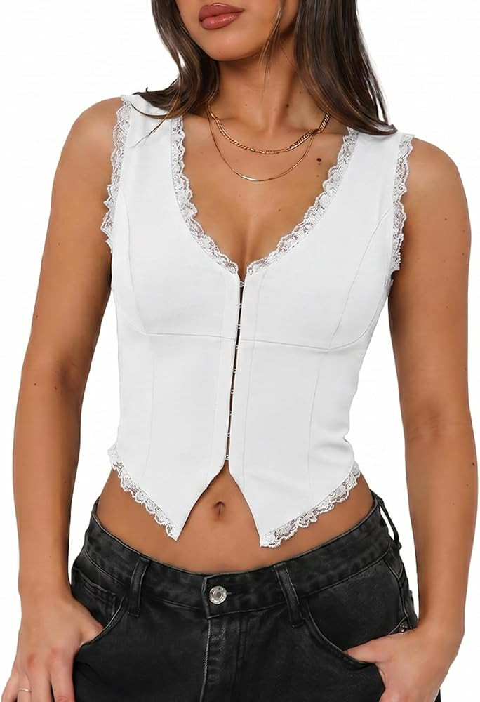 UNCOOYEE Sexy Lace Top for Women Summer V Neck Sleeveless Y2K Going Out Corset Tank Tops | Amazon (US)