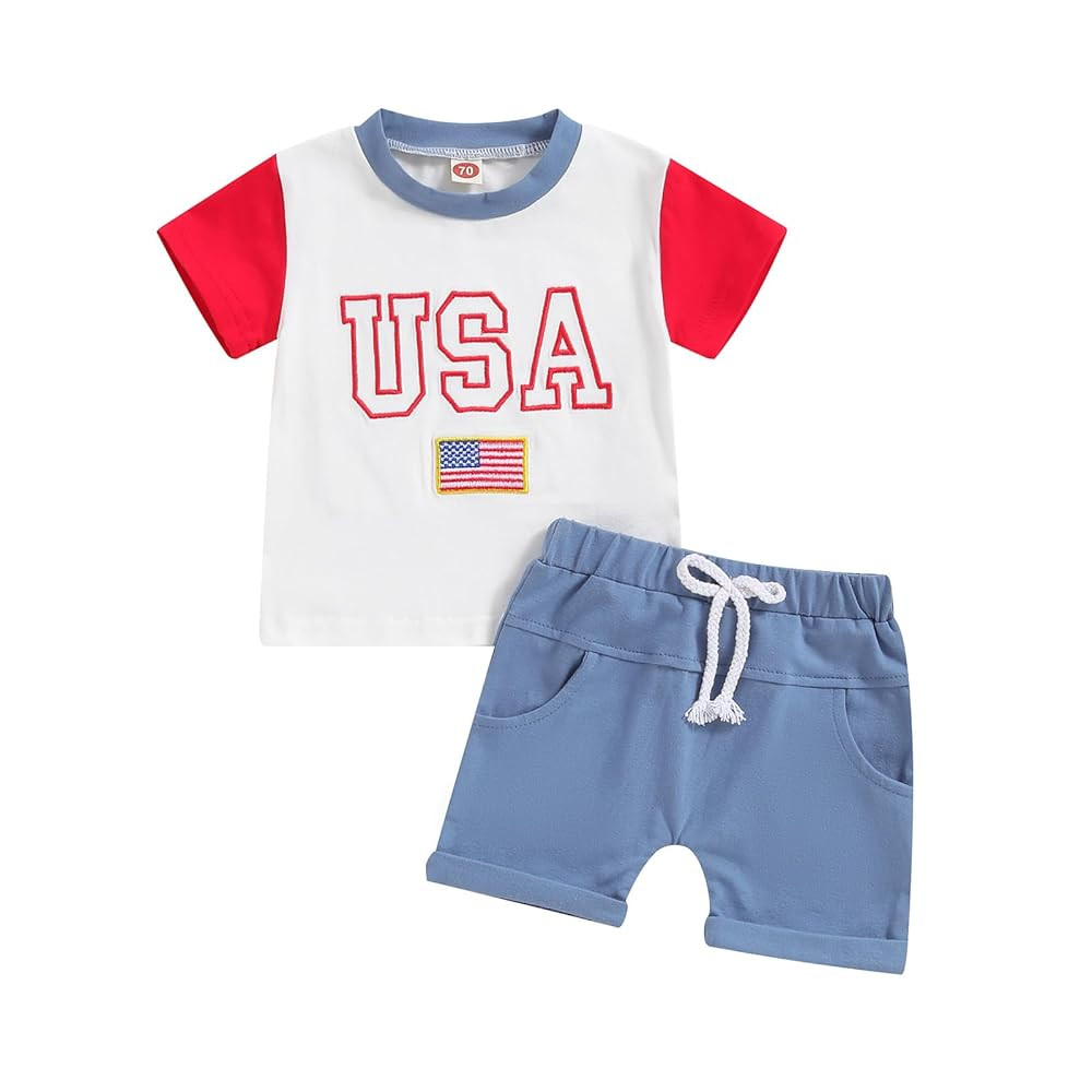 Baby Boys 4th of July Outfits Short Sleeves T-Shirt and Elastic Shorts Set Toddler Fourth Of July... | Amazon (US)