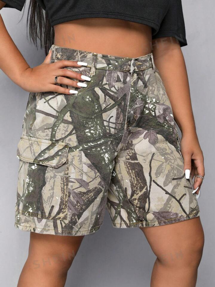 Plus Plants Print Flap Pocket Side Denim Cargo Shorts | SHEIN