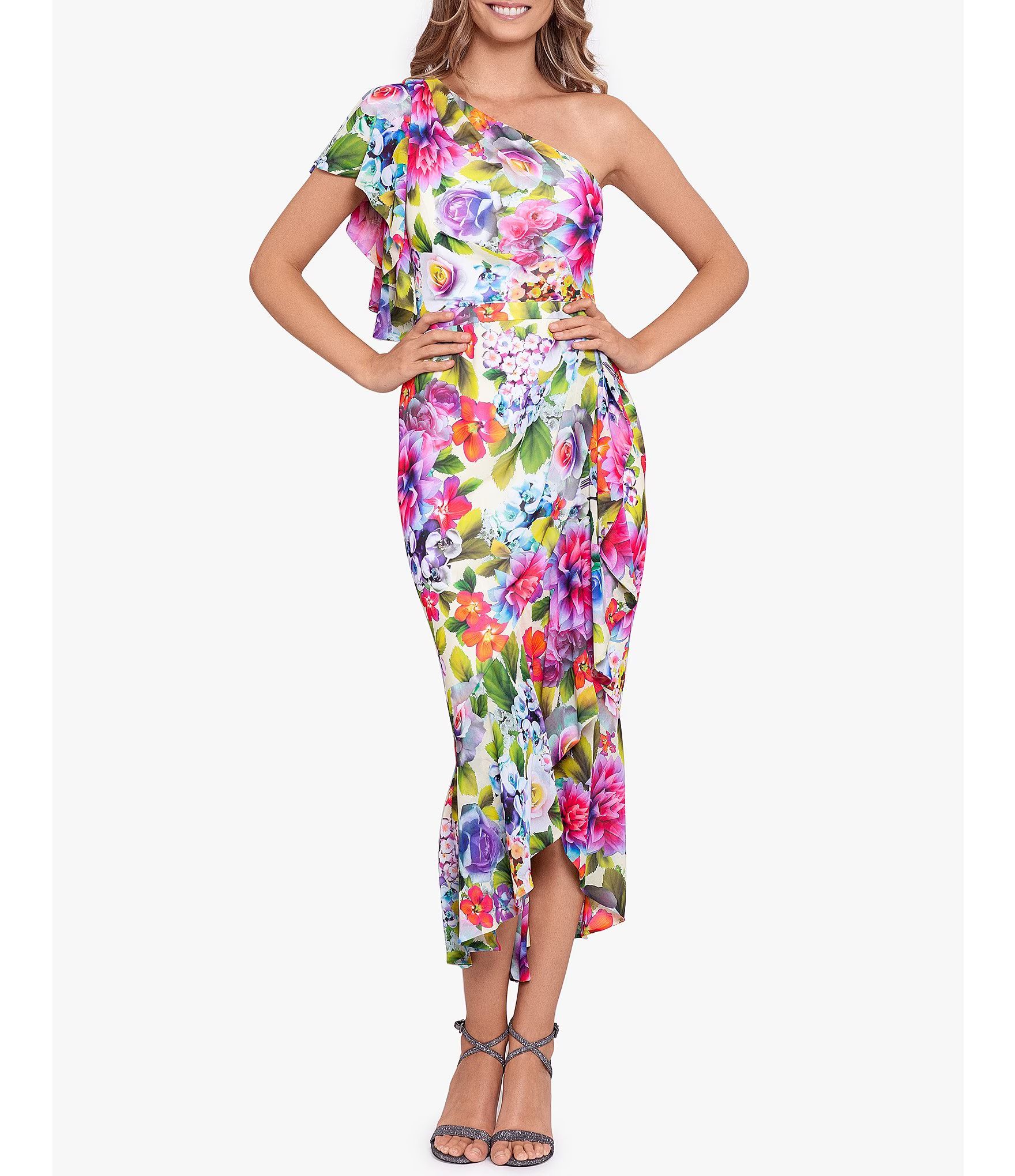 Betsy & Adam One Shoulder Floral Print Chiffon Ruffle Front Midi Dress | Dillard's | Dillard's