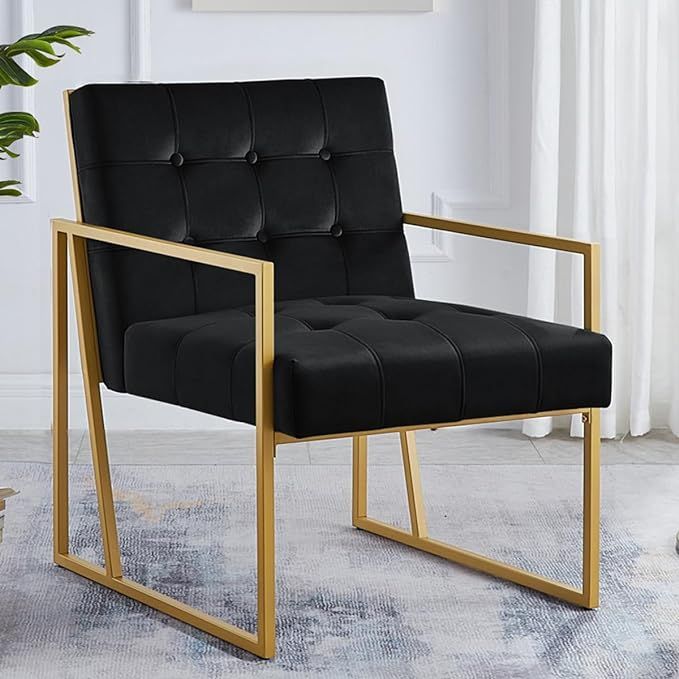 24KF Modern Black Velvet Button Tufted Accent Chair with Golden Metal Stand, Decorative Furniture... | Amazon (US)