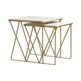 Benjara 20 in. W White and Gold Marble Top Nesting Table with Geometric Base 2-Pieces | The Home Depot