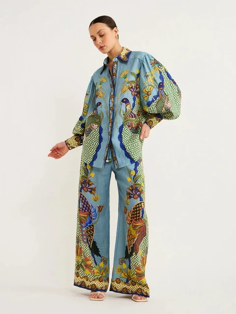 Women Vintage Printed Suit Long Sleeve Shirt Blouse Top Loose Long Pants Two Pieces Set Lady Summ... | AliExpress (US)