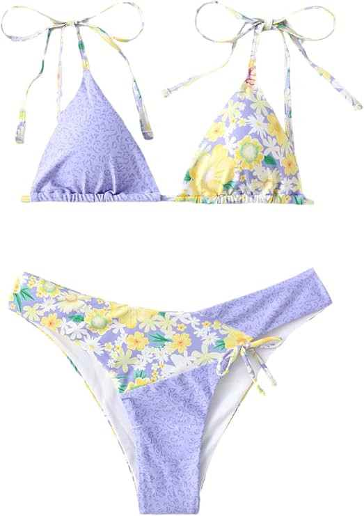 SheIn Women's Floral Tie Shoulder Low Rise Bikini Set Sexy 2 Piece Swimsuits | Amazon (US)