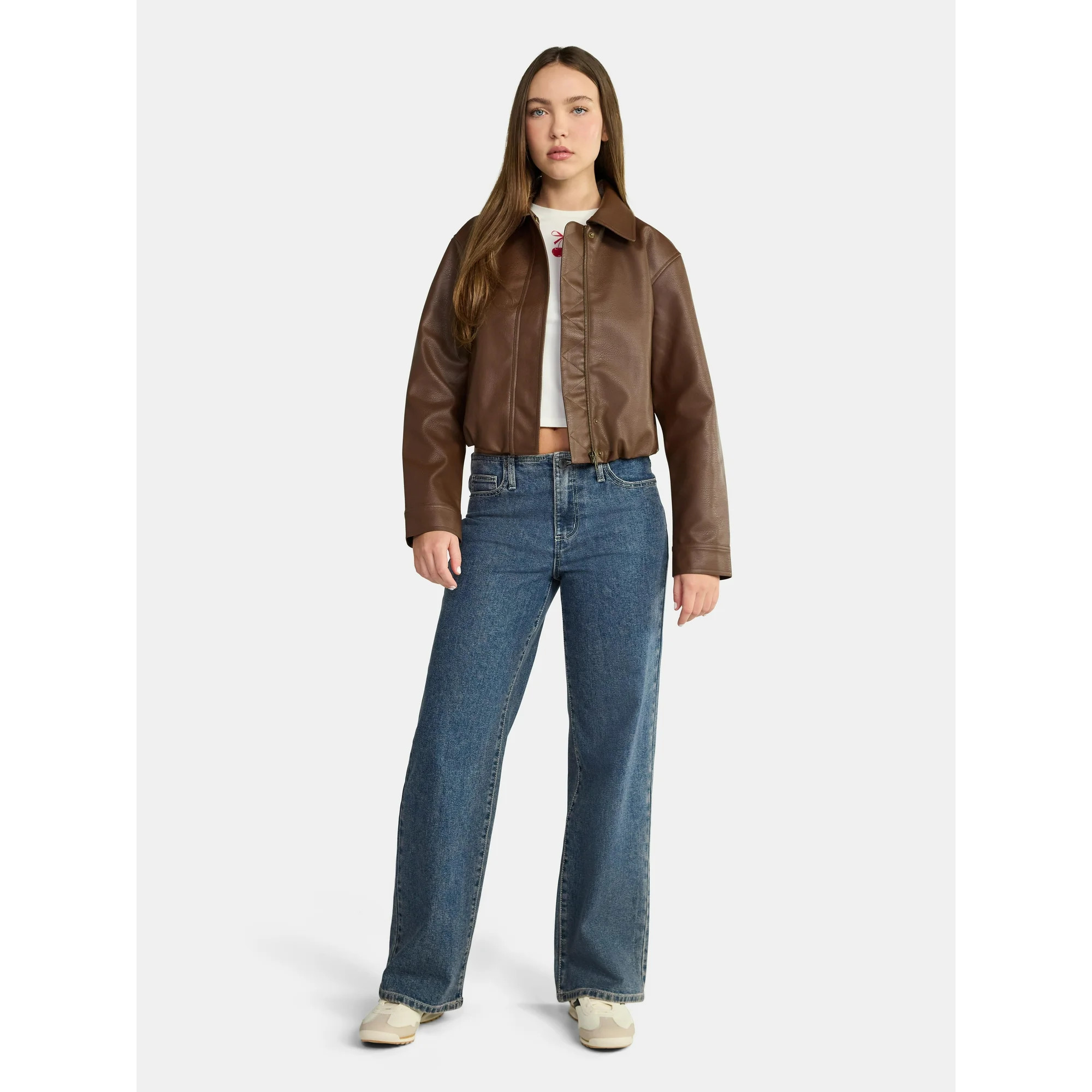 No Boundaries Bubble Hem Faux Leather Bomber Jacket, Women's | Walmart (US)