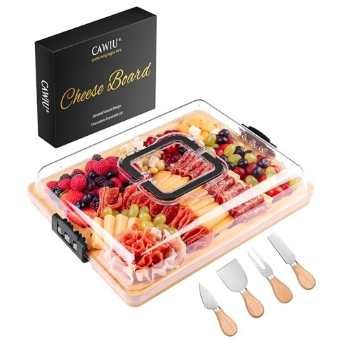 CAWIU Charcuterie Board with Lid and Handle - Portable Travel Design Bamboo Cheese Board Set with 4 Cheese Tools, Gift for Housewarming, Weddings, Picnics (6 Compartments, Black) | Amazon (US)
