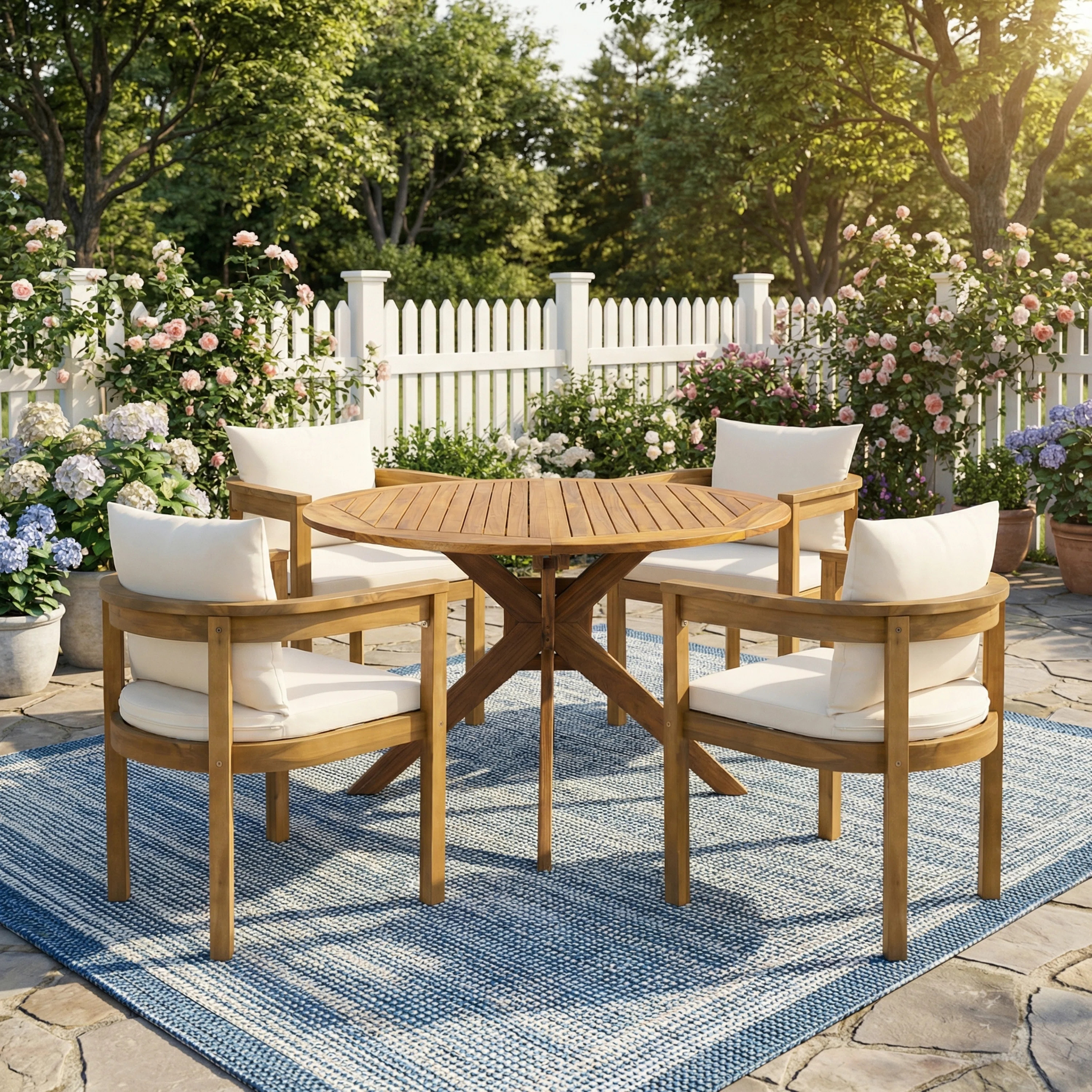 Renaud Modern Coastal Acacia Wood Outdoor Dining Set With Cushioned Armchairs And Round Slat Tabl... | Wayfair North America