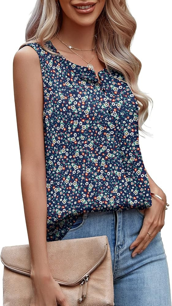 QUEZHU Women's Summer Sleeveless Chiffon Tank Tops Blouses Work Casual V Neck Button Blouses Shir... | Amazon (US)