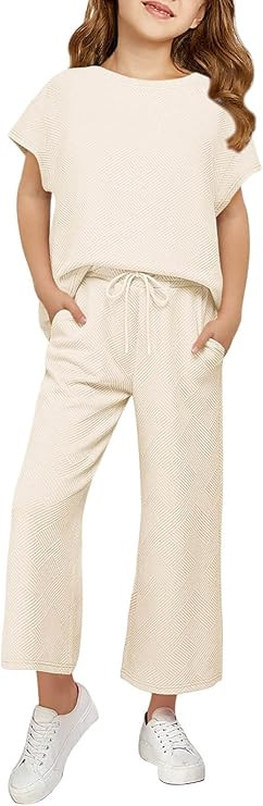 Haloumoning Girls' Clothing Sets Kids Fashion Short Sleeve Crew Neck Tops Wide Leg Pants Sweatsui... | Amazon (US)