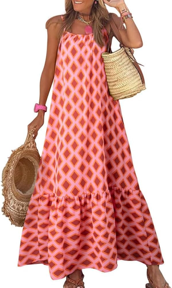 Dokotoo Women Summer Dresses 2024 Spaghetti Strap Scoop Neck Smocked Ruffle Flowy Boho Maxi Dress | Amazon (US)