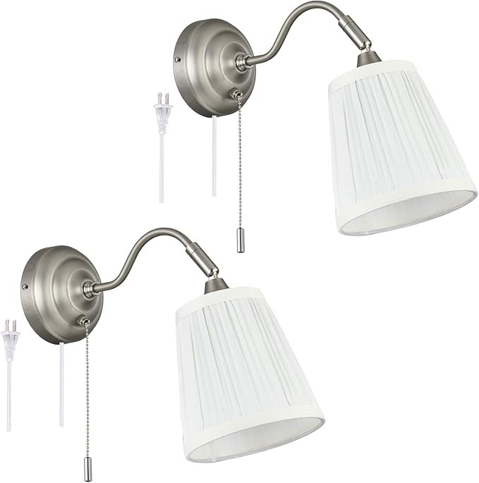 Plug in Swing Arm Wall Sconce Set of 2 ，YILYNN Wall Light with Switch and Fabric Shade, Bedside... | Amazon (US)