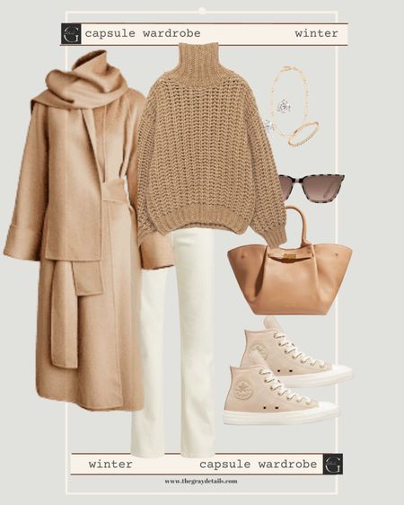 Capsule wardrobe outfit 

Scarf coat
White/cream jeans
Camel sweater 
Tote bag
Sweater  and jeans outfit 
Winter outfit 

#LTKFind #LTKshoecrush #LTKstyletip