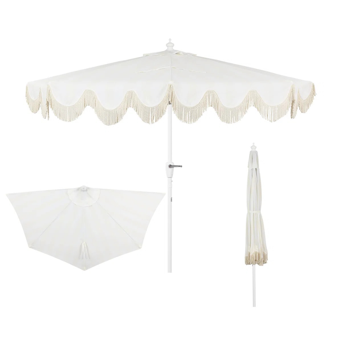 Beverly 9 ft. Coastal Space-Saving Half Patio Umbrella with Scalloped Fringe, Crank & Tilt, Cream... | Wayfair North America