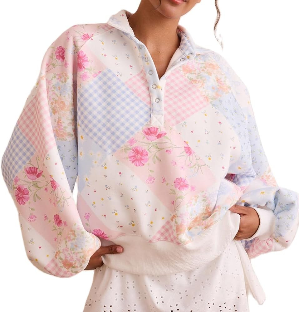 Women Oversized Floral Patchwork Sweatshirt Y2k Button Balloon Sleeve Pullover Top Aesthetic Goin... | Amazon (US)
