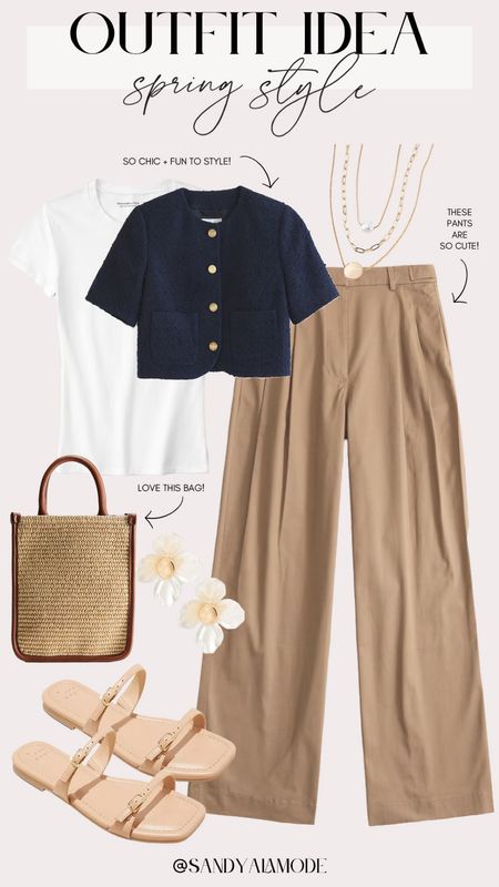 Chic spring style | elevated casual outfit | spring wide leg tailored pants | chic tweed blazer for spring | straw bucket bag | gold flower earrings | neutral spring style | how to style a short sleeve tweed jacket for spring | Target finds | target neutral sandals | layered gold and pearl necklace 

#LTKstyletip #LTKSeasonal #LTKfindsunder100