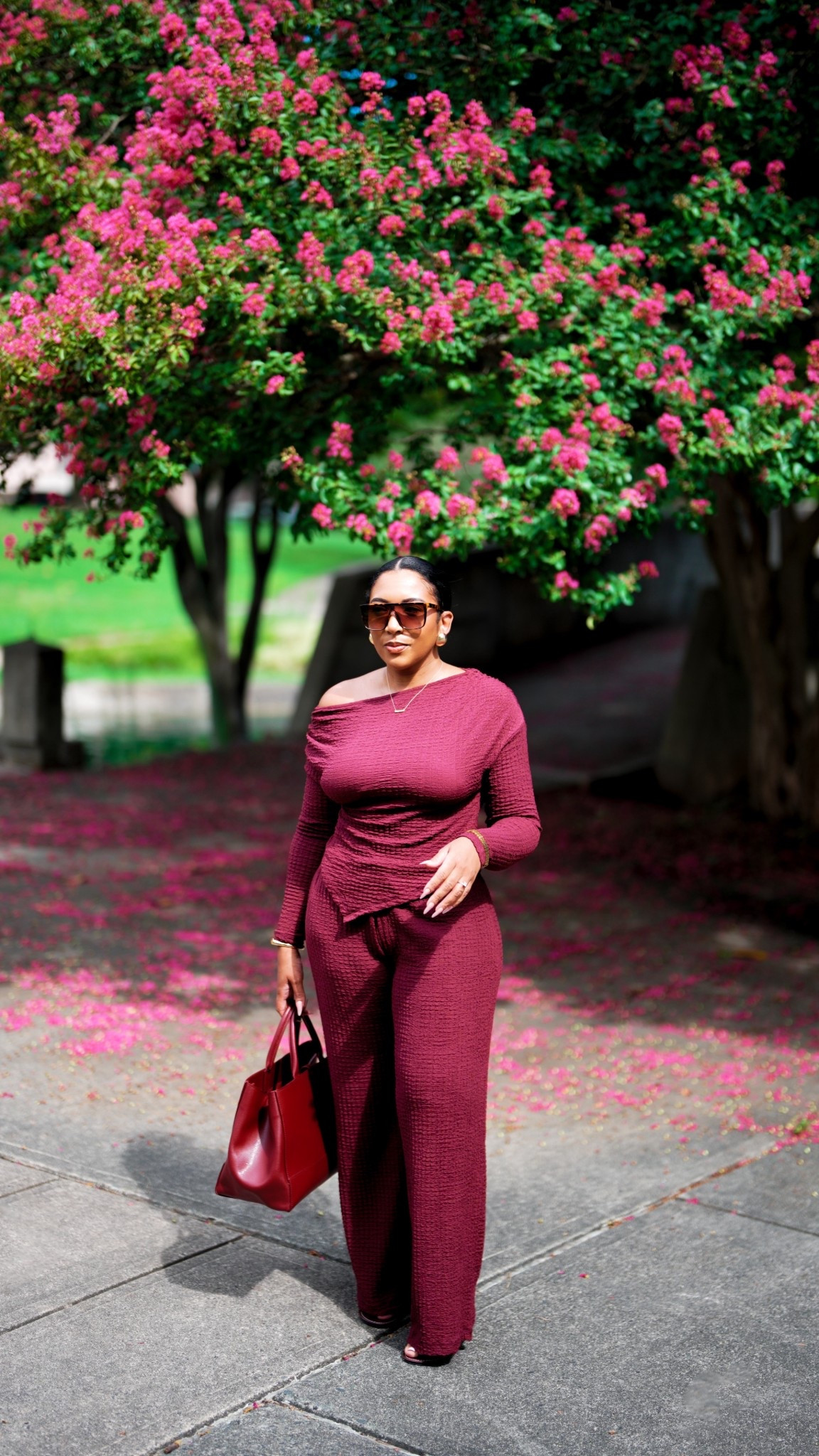 Burgundy two-piece pant set from ASOS for early fall
(ASOS IT’S NOT ON LTK)
The top features and off the shoulder design with an asymmetric 

The pants have elastic waistband in both pieces are made from a soft, stretchy, textured jersey material. 

Wearing a size medium for both  

#LTKMidsize #LTKStyleTip #LTKFindsUnder50
