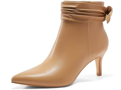 Coutgo Womens Kitten Heel Ankle Boots Bow Closed Pointed Toe Booties Pleated Side Zipper Winter Boot Shoes, Light Brown, size 7.5 | Amazon (US)