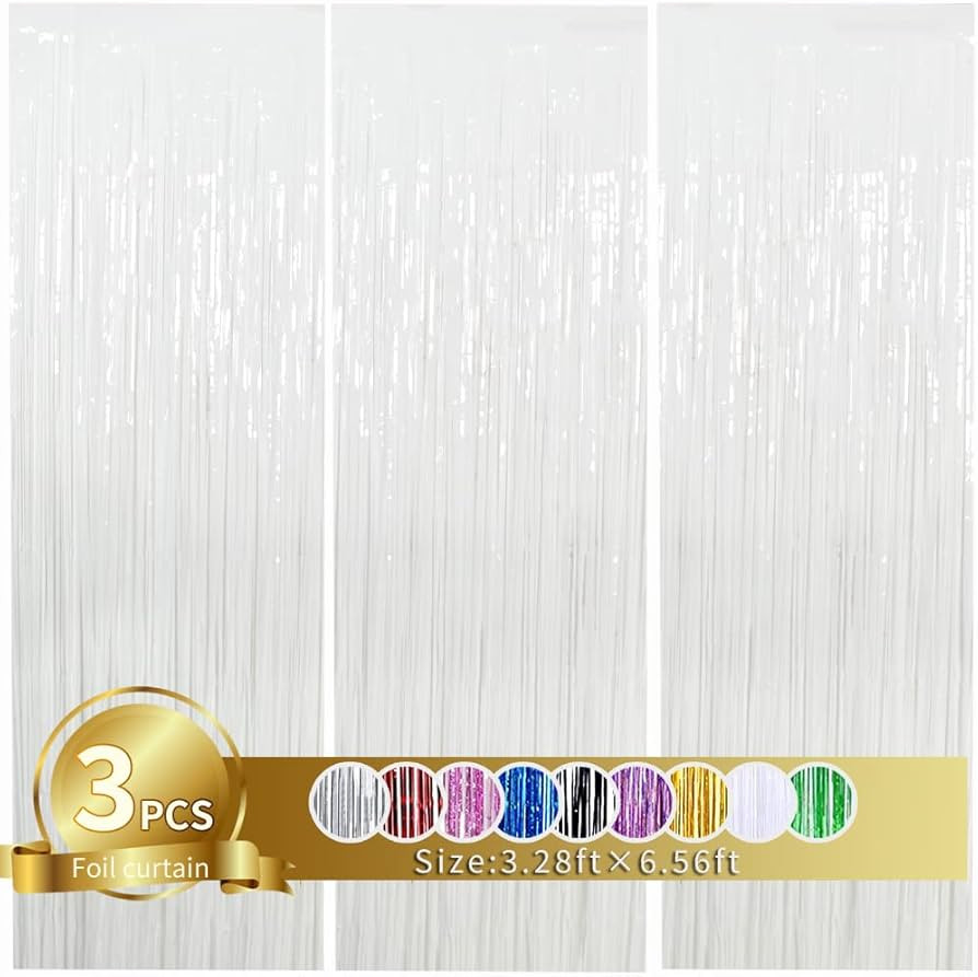 3Pcs White Metallic Tinsel Foil Fringe Curtains, 3.28ft x 6.56ft White Photo Booth Backdrop Strea... | Amazon (US)