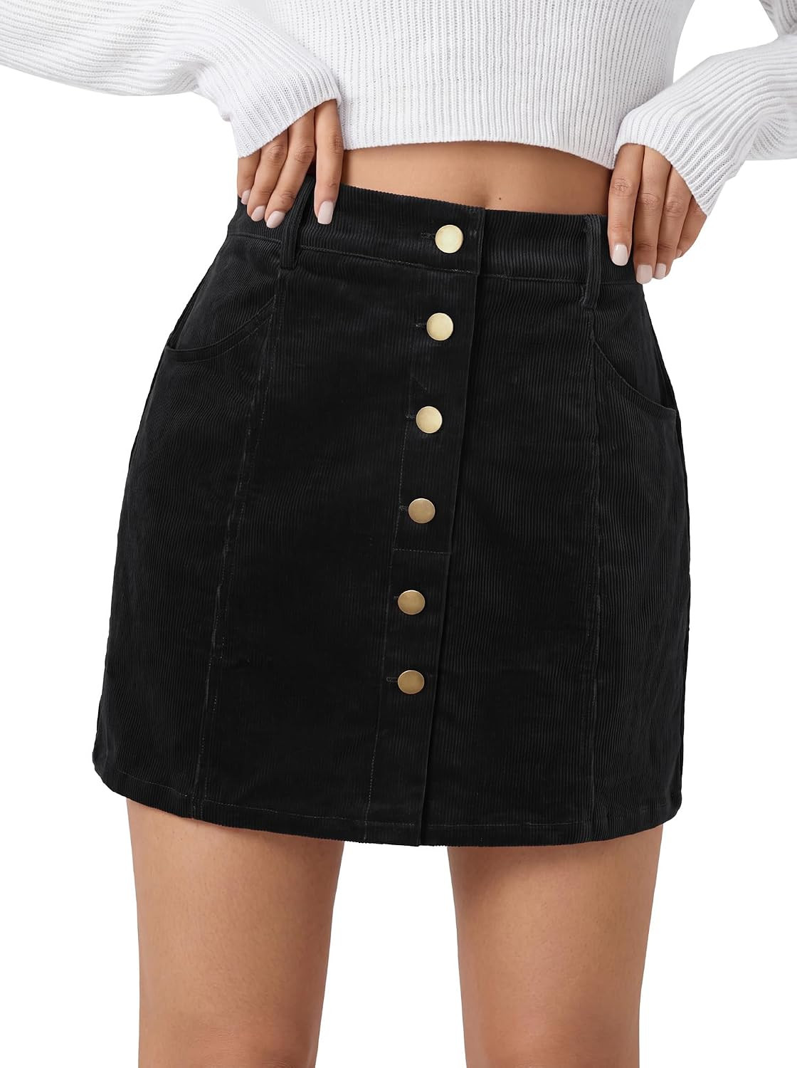 Belle Poque Womens Corduroy Short Mini Skirt Button A-Line Casual Stretchy High Waisted Fall Skirts with Pockets 2026 | Amazon (US)