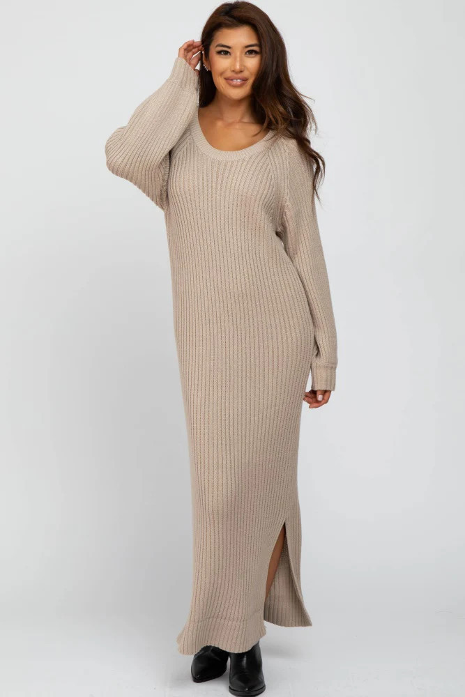 Beige Side Slit Maxi Sweater Dress | PinkBlush Maternity