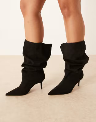 ASOS DESIGN Curve Cydney  slouch pull on knee boots in black suedette | ASOS (Global)