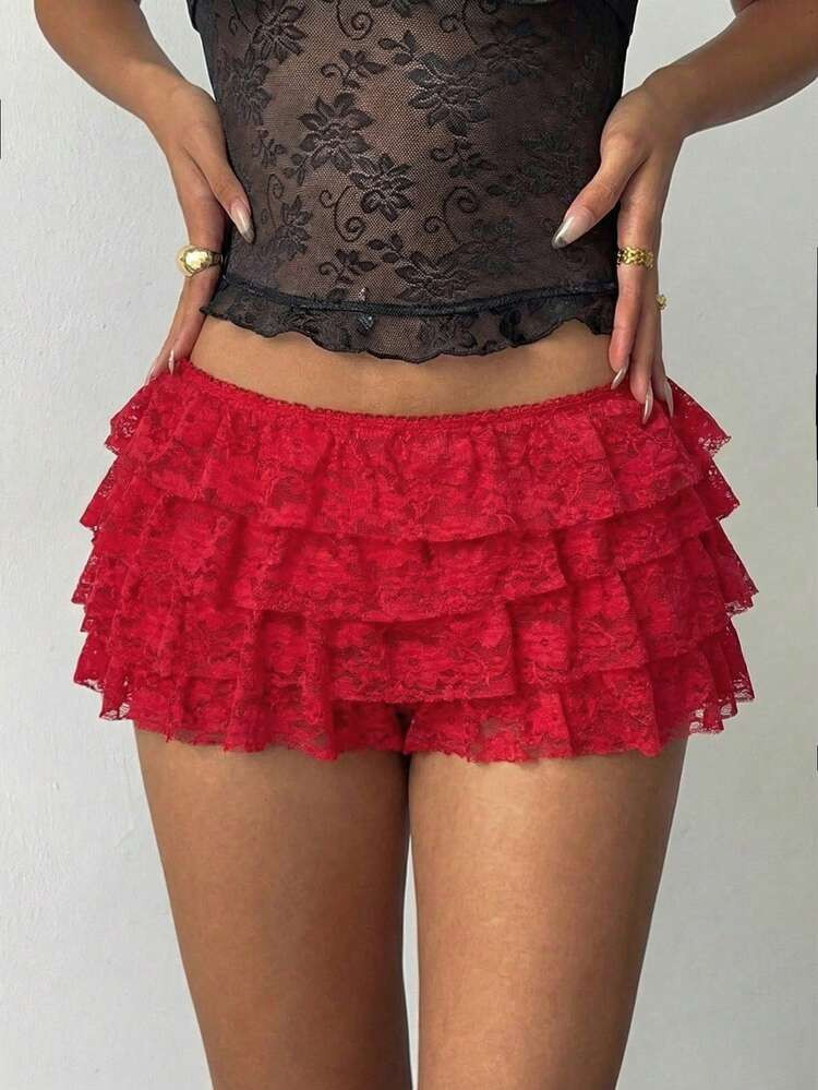 Aloruh Women's Sexy Punk Rock Bohemian Music Festival Y2K Black Lace Layered Ruffle Super Short Shorts, New Lace Ultra Low-Waist Shorts Ruffled Shorts Red Ruffle Skirt | SHEIN