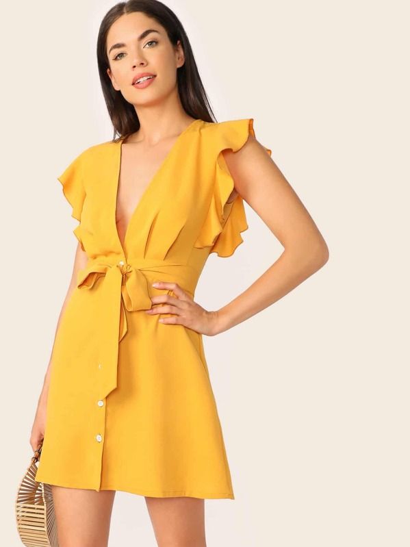 SHEIN Plunging Neck Ruffle Armhole Belted Shirt Dress | SHEIN