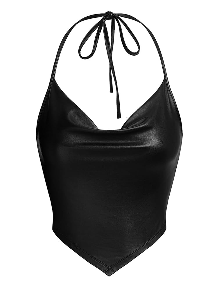 OYOANGLE Women's PU Leather Going Out Top Summer Sleeveless Draped Halter Crop Tank Cami Top | Amazon (US)