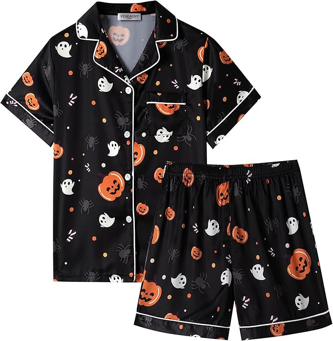 Veseacky Unisex Satin Pajamas Set Boys Girls Silk Pjs Short Sleeve 2 Piece Sleepwear Button-Down ... | Amazon (US)