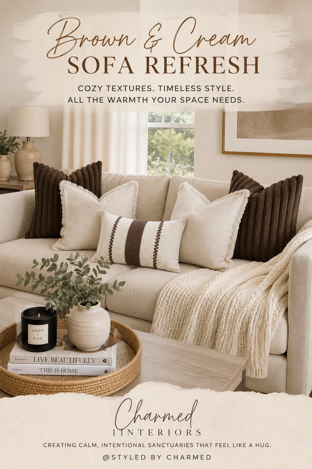 🤎 BROWN + CREAM SOFA REFRESH

Baby, this is what happens when neutrals get a little personality.

Chocolate brown brings the richness, cream keeps everything soft, and those different textures are what make the whole look feel expensive and pulled together.

The best part? You don’t need a new sofa to change the entire mood of your living room. A few good pillow covers, a cozy throw + one statement lumbar can do some WORK.

THE CHARMED TOUCH ✨
Don’t match every pillow. Layer your colors and textures so the sofa feels collected, not copied.

Cozy. Rich. Grown. And still easy to live in. 🤎

#StyledByCharmed

#LTKU #LTKHome #LTKSaleAlert