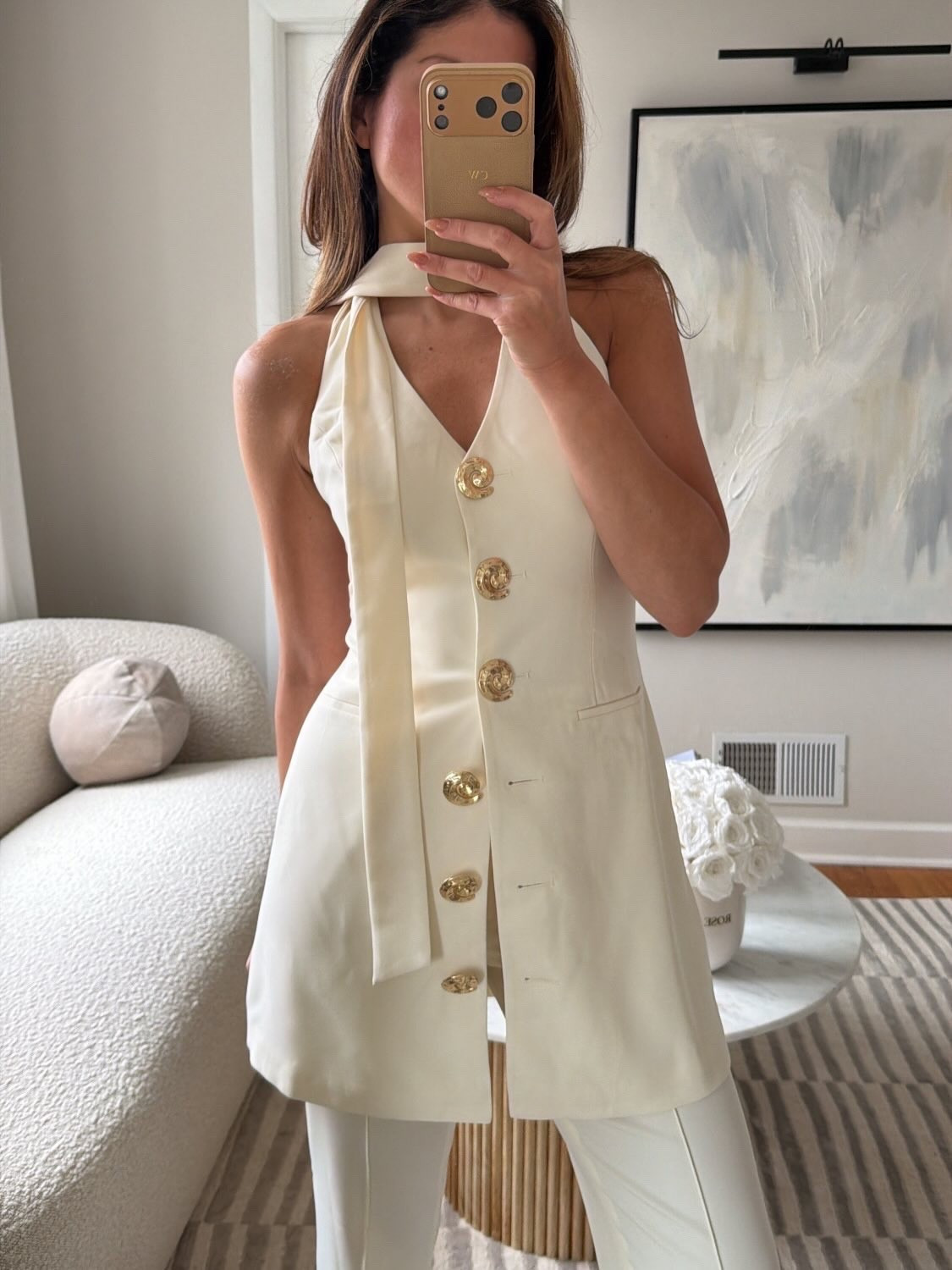 I am wearing a size small and a top and these pants. You could also wear the top as a dress. Gold buttons, designer deals, available, and multiple colors, spring, summer outfit, date night, halter, white, pants.

#LTKSaleAlert #LTKootd