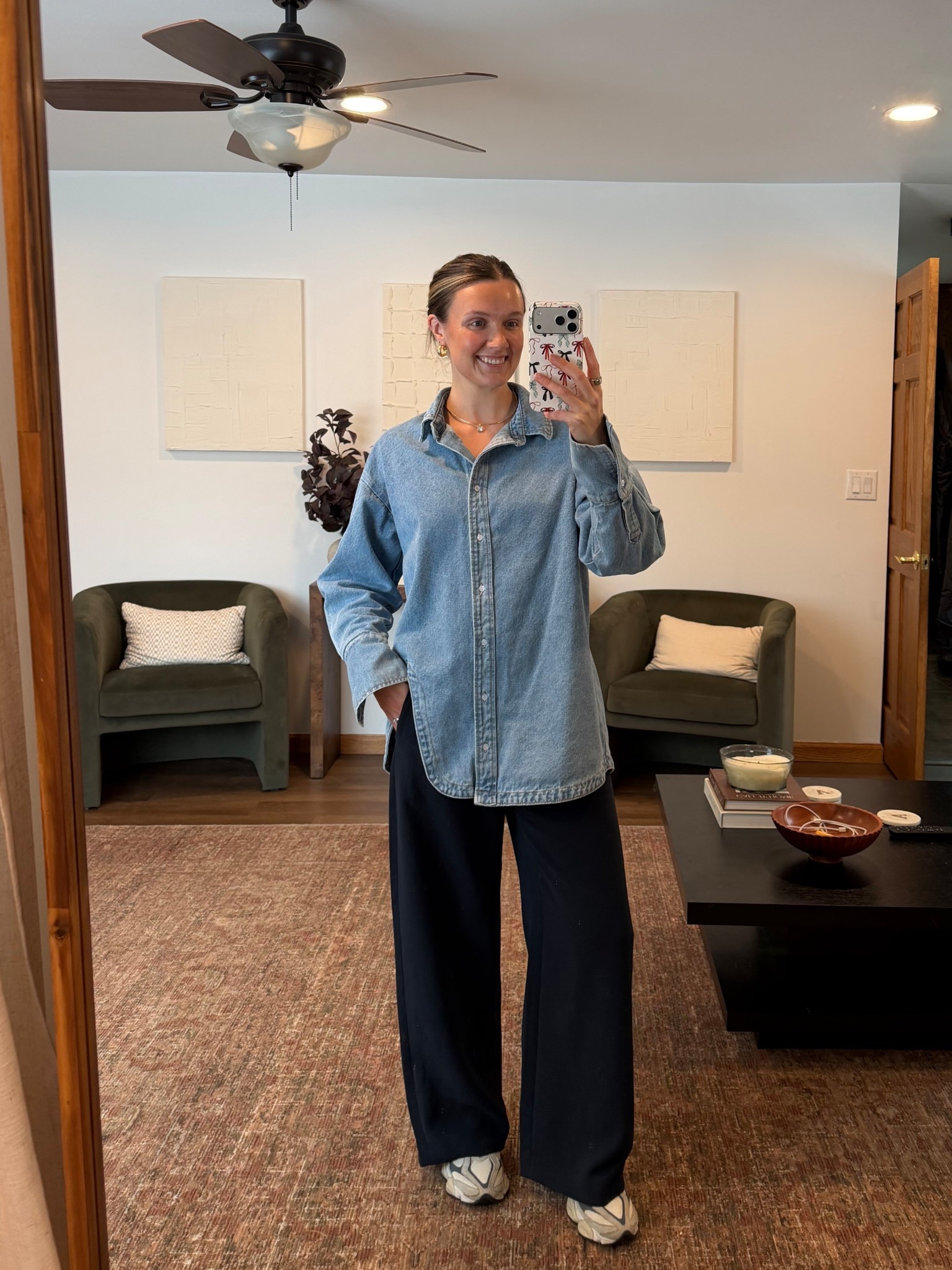 The Aritzia lodge pants!! My go-to work pant when I want to look put together, but comfortable. Wearing size small in bottoms and denim shirt

Business casual work outfit, winter style, 

#LTKWorkwear #LTKFindsUnder100 #LTKootd