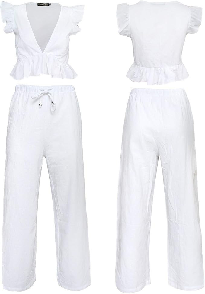 FANCYINN Womens 2 Pieces Outfits Deep V Neck Crop Top Side Slit Drawstring Wide Leg Pants Set Jum... | Amazon (US)