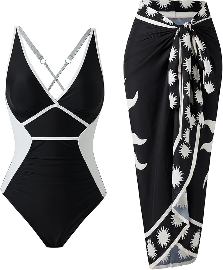 Women’s One Piece Swimsuit with Skirt Slimming Crisscross Back Retro Bathing Suit Set with Wrap... | Amazon (US)