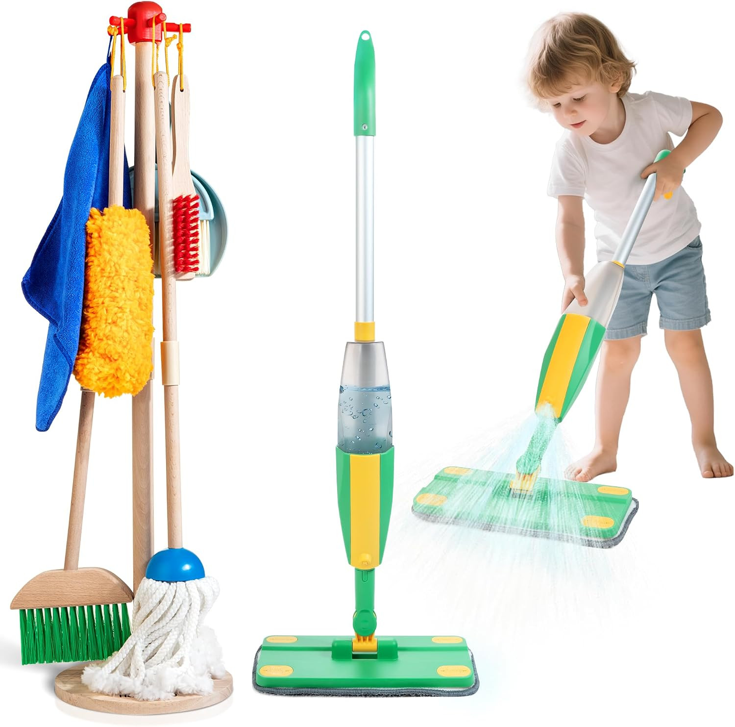 WOODMAM Wooden Kids Cleaning Set with Spray Mop, Toddler Broom Mop Set | Amazon (US)