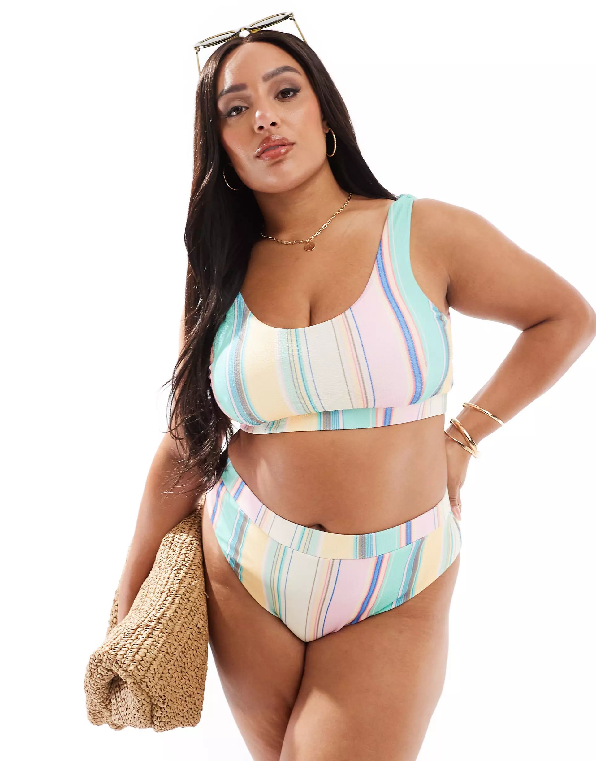 Pieces Curve bralett bikini top and high waisted bottoms in multi stripe | ASOS (Global)