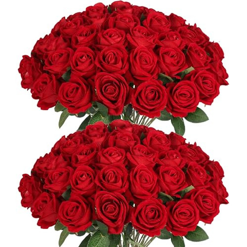 Jefuzh 50 PCS Fake Red Roses, Artificial Red Flowers Bulk Realistic Silk Faux Rose with Stems for Wedding Decoration Anniversary Bridal Bouquet DIY Floral Arrangement Romantic Home Decor Gifts | Amazon (US)
