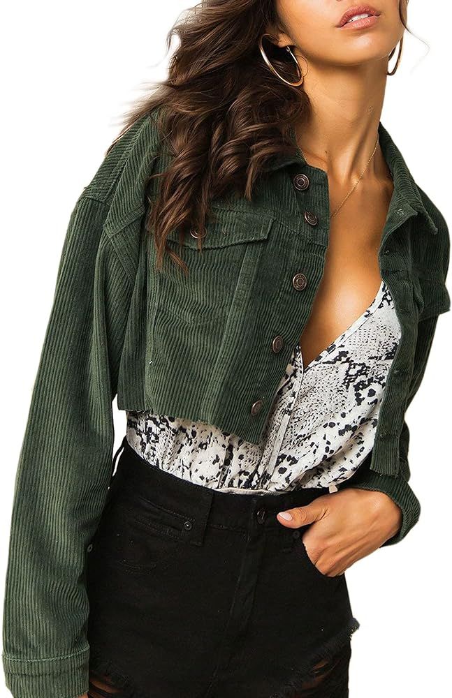Women's Cropped Corduroy Jackets Button Down Casual Short Jacket | Amazon (US)