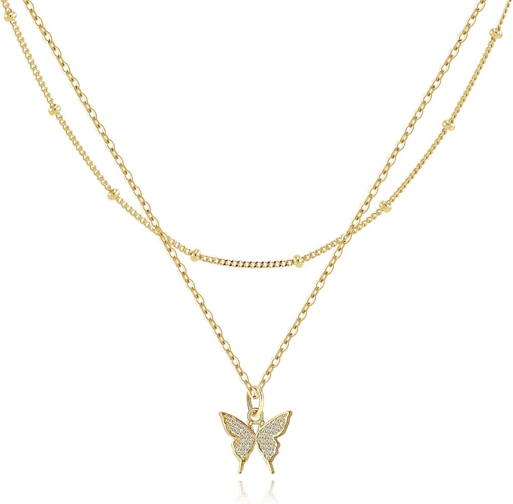 MJartoria 14K Gold Plated Gold Layered Necklace, Heart Butterfly Star Moon Pendant Necklace for W... | Amazon (US)