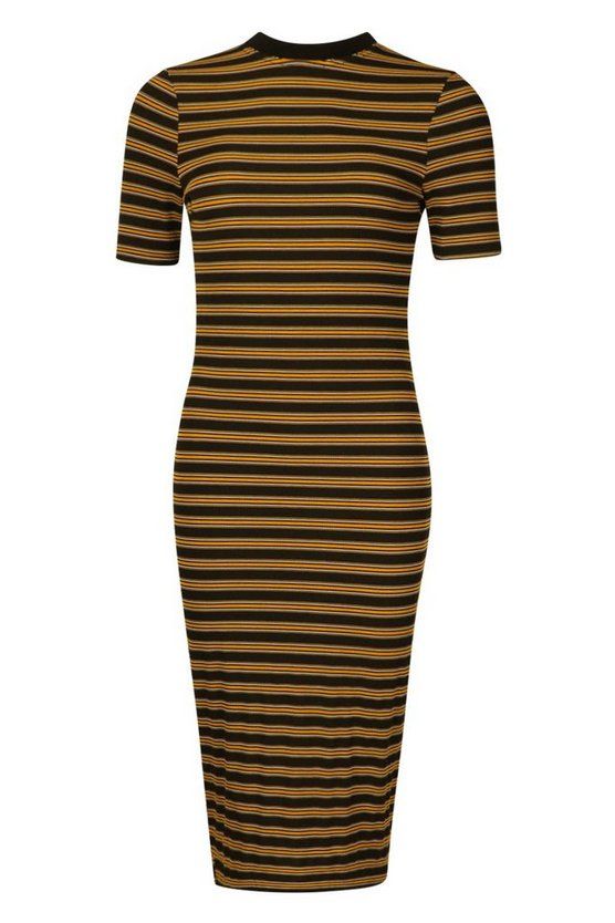Stripe Rib Short Sleeve Bodycon Midi Dress | Boohoo.com (US & CA)
