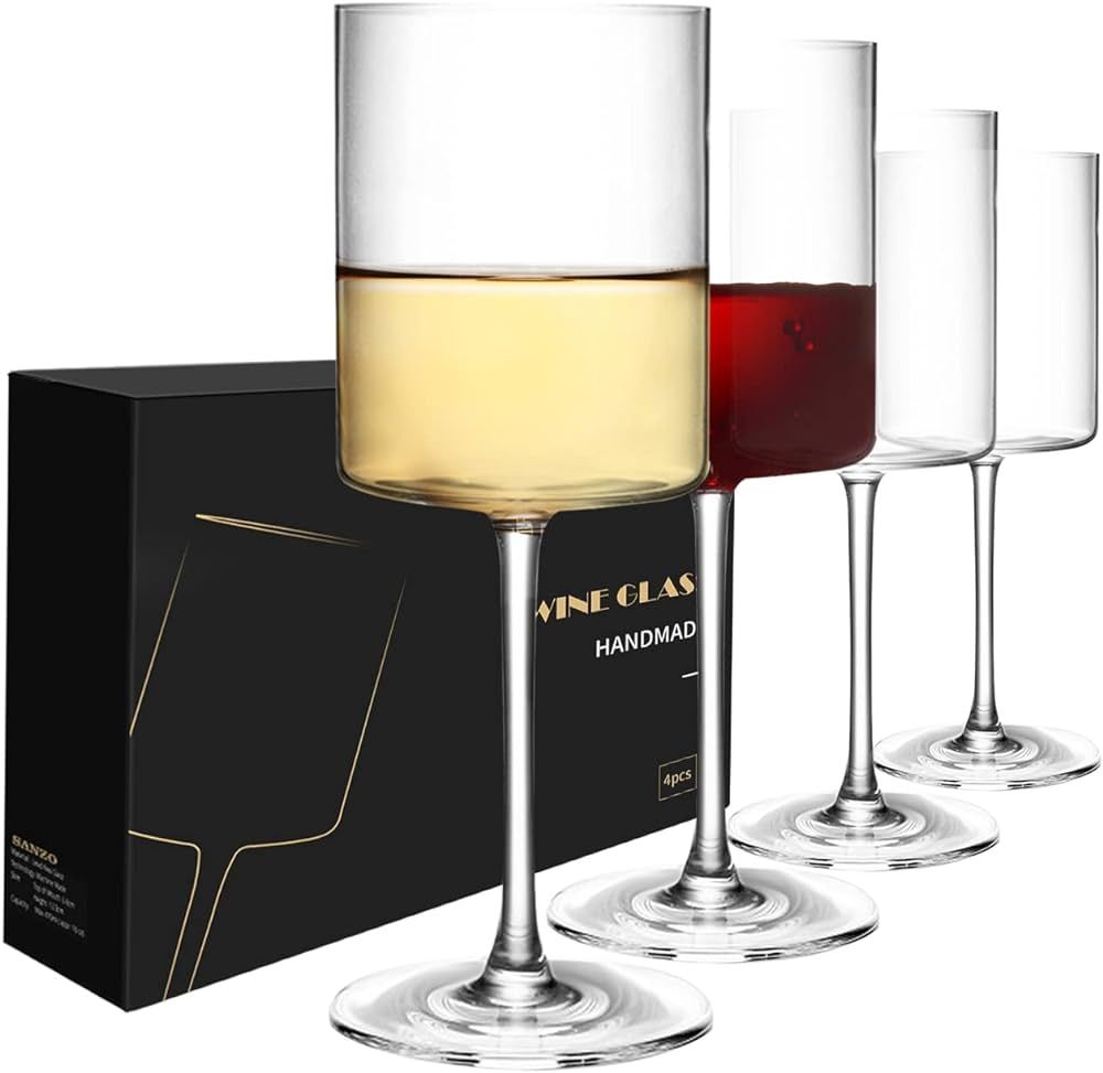 SANZO Square Wine Glasses Set 4, Wine Glasses, Crystal Wine Glasses 15oz, Elegant Design White Wi... | Amazon (US)