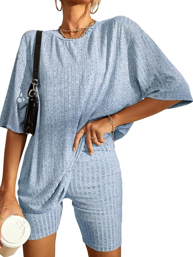 WDIRARA Women's 2 Piece Outfits Ribbed Short Sleeve Drop Shoulder Tee And Shorts Set | Amazon (US)