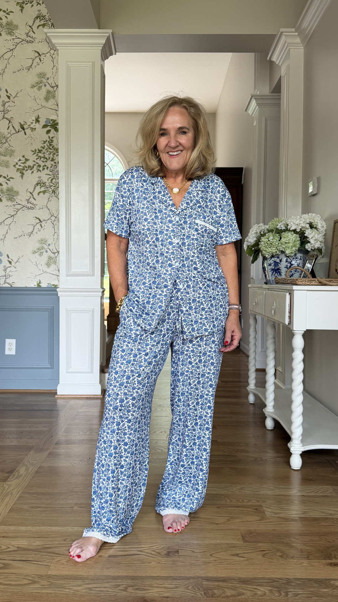 The cutest blue floral pajama set. Soft, lightweight, and perfect for cozy mornings at home. 

 #LTKootd #LTKSeasonal #LTKOver40