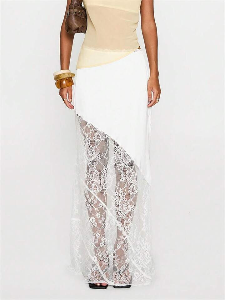 Women's See Through Lace Long Skirts Mid Waist Solid Color Asymmetric Patchwork Midi Skirts Elegant Skirts | SHEIN